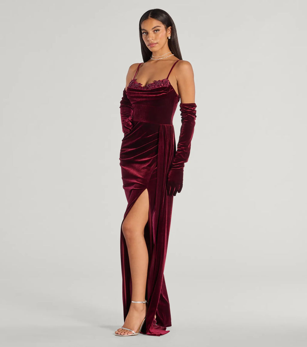 Inez Beaded Applique Velvet Formal Column Dress With Gloves
